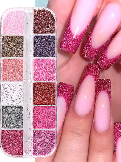 12 Grid Candy Nail Art Glitter, Rose Red Sugar Powder Shiny French Holographic Nails Cute Y2K Nail Art Decoration Nail Salon Supplies DIY