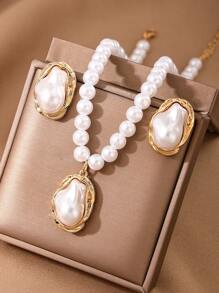 Set de 3 piezas de joyería vintage con marco de metal asimétrico, collar, aretes y anillo con perlas falsas para mujeres