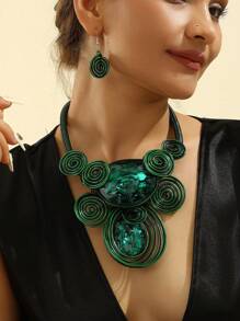 誇張的多層手工編織時尚復古鋁線、亞克力、玻璃和水晶派對假期頸鍊和耳環套裝 - 彩色 - 查看 15