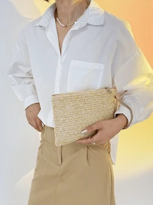 1PC Women's Wheat Braided Grass Woven Bag Women's Clip Bag Handmade Woven Bag Mobile Change Bag Handheld Bag - Khaki - View 1