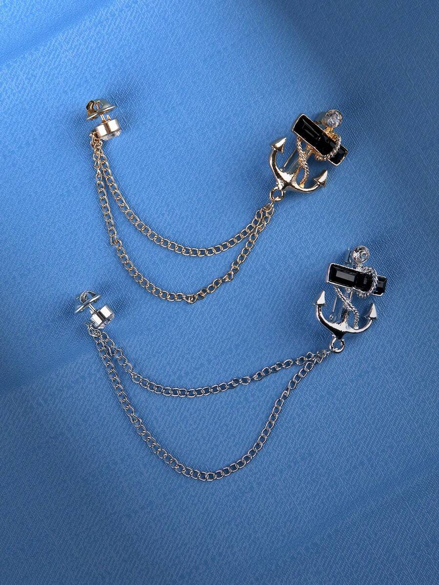 1入組男士創意個性船錨掛繩套裝領針，時尚個性鑲嵌鑽石胸針，適用於多種場合 - 彩色 - 查看 1