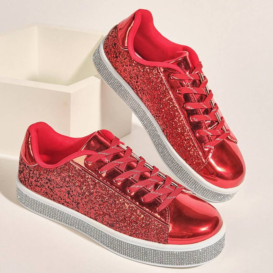女性閃亮網球運動鞋，霓虹亮色鞋款，閃閃發光的鑽石婚禮新娘鞋，閃亮的亮片鞋 - 紅色 - 查看 1