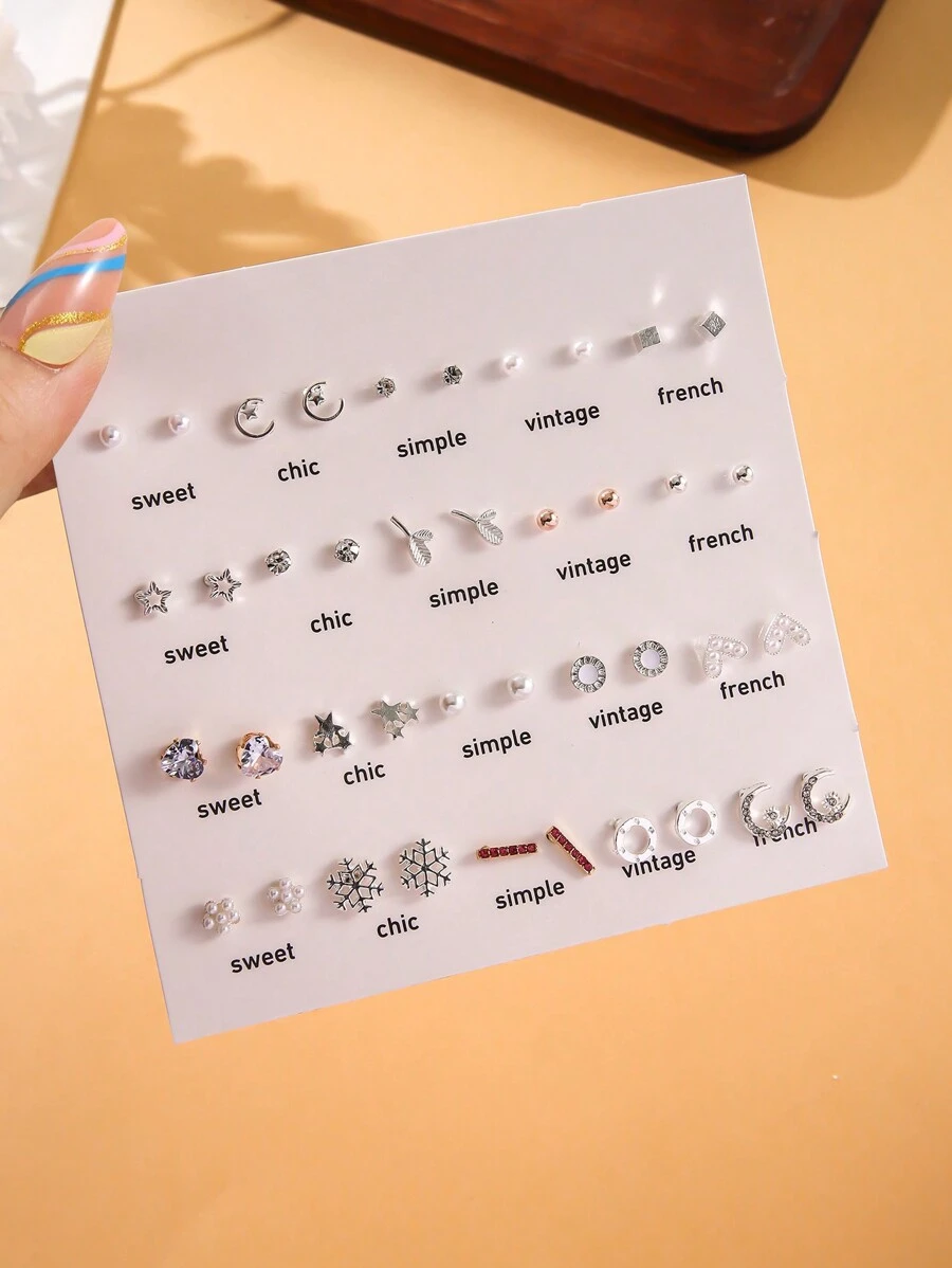 40 件心形蝴蝶三叶草合金和水钻镶嵌耳钉，时尚个性化女士套装适合日常佩戴情人节、妈妈、母亲、母亲节、礼物 - 彩色 - 查看 1