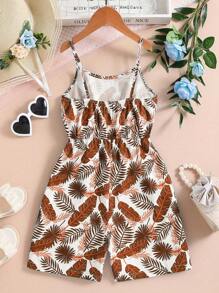 女童全身印花连体衣，带肩带，夏季度假风格，休闲、舒适、优雅、时尚的儿童服装 - 棕色 - 查看 2