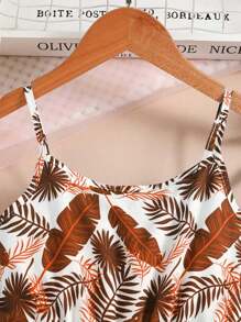 女童全身印花连体衣，带肩带，夏季度假风格，休闲、舒适、优雅、时尚的儿童服装 - 棕色 - 查看 3