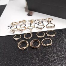 Juego De 17 Anillos Estilo elegante De Perlas Y Elementos Vintage, Adecuados Para El Uso Diario De Mujeres y Jovenes Diseño Elegante Con Perlas Simuladas, Hojas Y Borla - Dorado - Ver 2