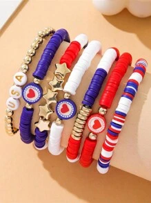 GuoShuang 7 pièces/set Bracelet élastique avec lettre de l'alphabet perlé thème Jour de l'Indépendance avec décoration d'étoile et de drapeau, style européen et américain