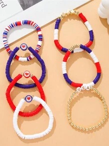 GuoShuang 7 pièces/set Bracelet élastique avec lettre de l'alphabet perlé thème Jour de l'Indépendance avec décoration d'étoile et de drapeau, style européen et américain