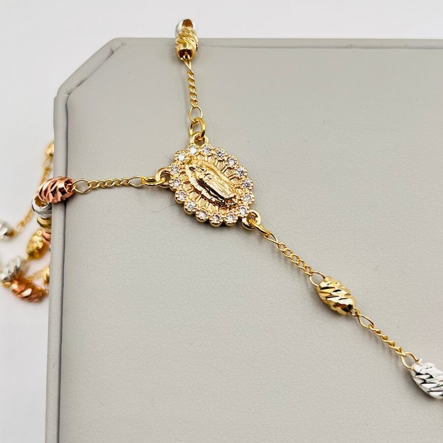 Collar De Tres Oros Virgen María Rosario Oro Laminado, Oración, Regalo Cristiano, Católico, Cruz, Rosario - 3 Oros - Ver 1