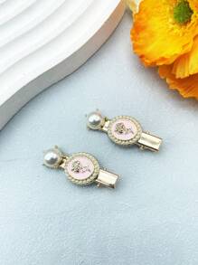 2入組女士玫瑰花合金珍珠精美髮夾邊夾短夾