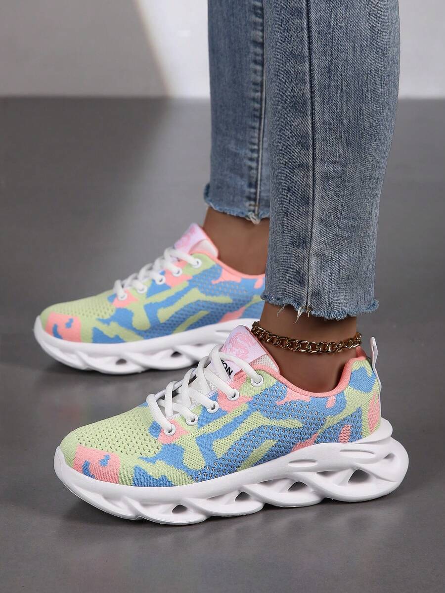 彩色女運動鞋，時尚彩色鞋面搭配超柔軟厚白色斜紋布運動大底，防滑耐磨柔軟輕便透氣增高萬能款時尚運動鞋，適用於室外跑步、健身、步行、情侶、學生、校園、時尚運動鞋、運動鞋 - 藍色 - 查看 1
