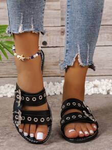 Nuevas zapatillas de diseño gótico con murciélagos de talla grande para mujer, estilo punk del milenio con remaches para fiesta casual en exteriores y pisos - Negro - Ver 4