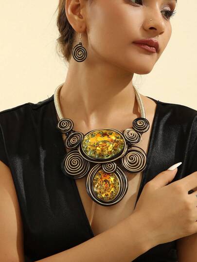 Exaggerated Multi-Layered Handmade Braided Fashion Vintage Aluminum Wire, Acrylic, Glass & Crystal Party Vacation Necklace & Earrings Set