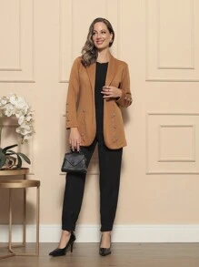 Neoprene Women's Blezer With Button Jacket - Camel - Ver 5