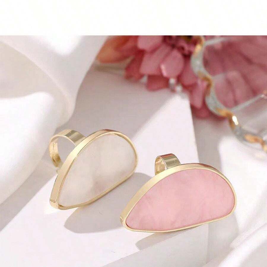 Asymmetrical Agate & Resin Ring With Unique Design, European And American Style For Women, Adjustable - Pink - View 1