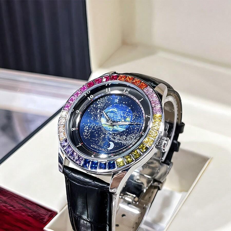 FENSIR 1件男士自動機械錶，星空和彩鑽裝飾，防水和夜光，時尚皮帶手錶適合日常佩戴