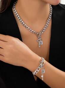 Collar de colgante de llave en forma de candado de cadena punk europeo y americano para mujeres, clásico y de moda, pulsera geométrica con hebilla OT y cadena microincrustada