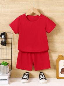 Costum din două piese, băieți ocazional, tricou cu mânecă scurtă cu gât rotund, pantaloni scurți, confort casual, îmbrăcăminte de vară pentru copii