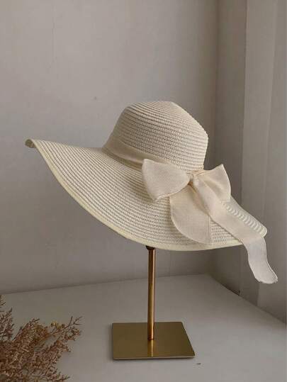 1 件宽边女士草帽，夏季防紫外线蝴蝶结海滩太阳帽，适合女士情人节