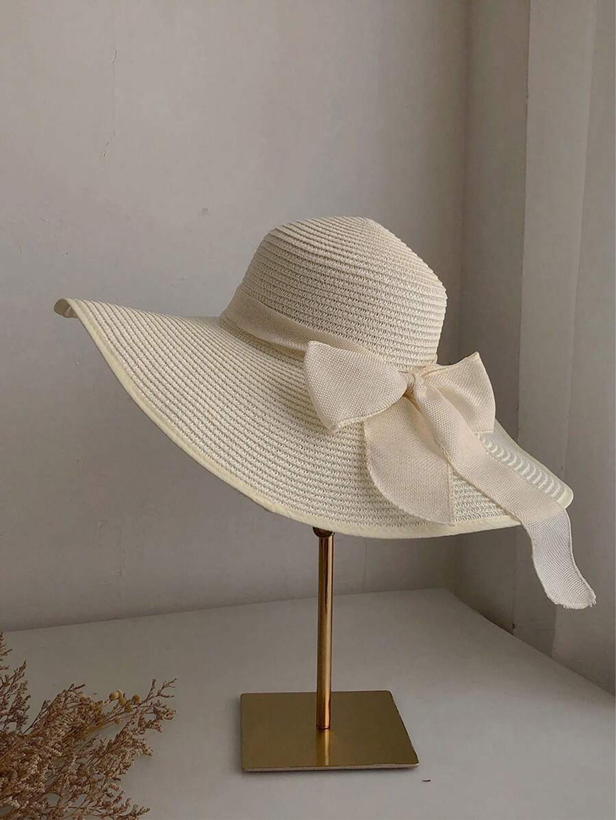 1 件宽边女士草帽，夏季防紫外线蝴蝶结海滩太阳帽，适合女士情人节 - 多色 - 查看 1