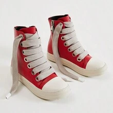 Men's Thick Shoelaces, Round Toe, High Top Casual Shoes, Niche Retro Thick Soled Board Shoes - 紅色 - 查看 1