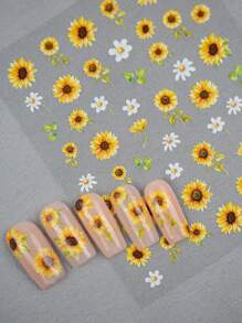 1 pieza de pegatina de uñas grabada en 6D, serie de flores populares de principios de verano, crisantemo, margarita, hojas y otros elementos vegetales, adecuado para que las niñas hagan su propia manicura DIY