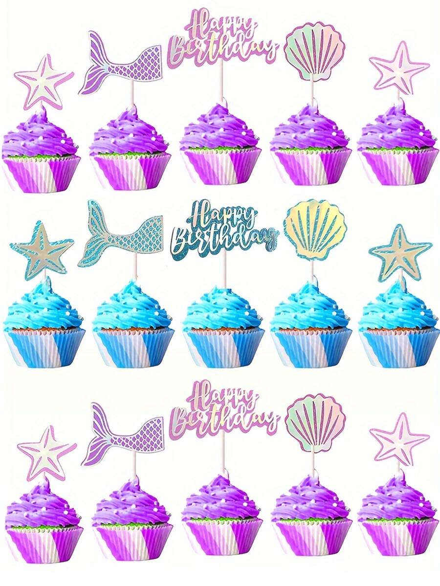 5Pcs Mermaid Cake Toppers Shell Starfish Fishtail Cake Toppers/CupCake Toppers For Birthday Party, Party Supplies, Cake Decorations - Multicolor - View 1
