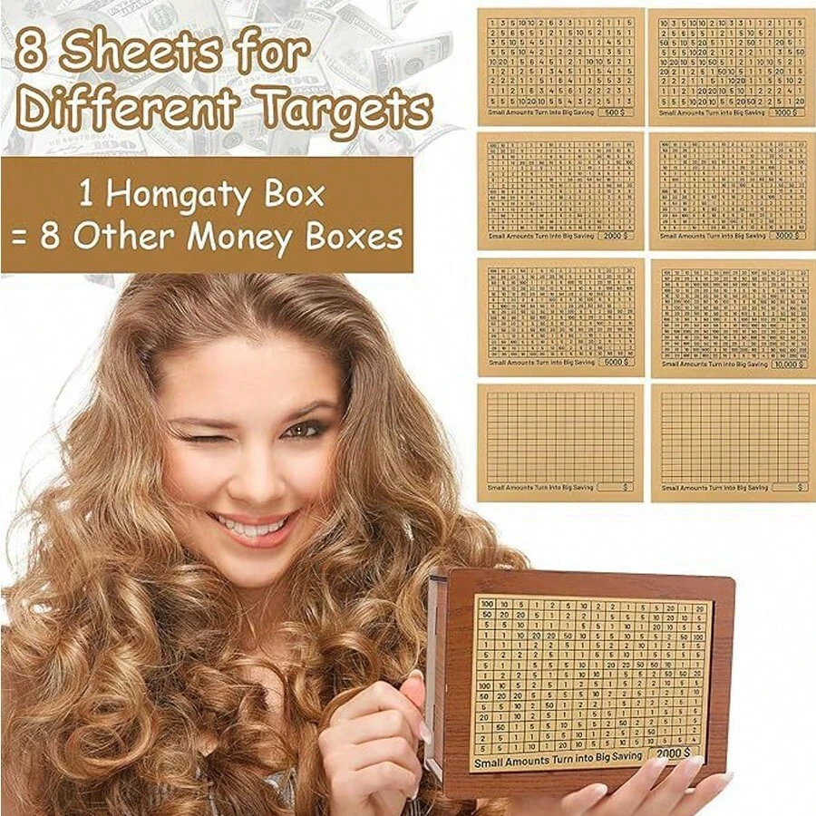 1pc EUR/USD Version Wooden Money Box With Numbers Checking, Money Box With Target, Money Box With Counter For Ticking, Piggy Bank With Savings Target, Money Box €500 €1,000 €2,000 €3,000 €5,000 €10,000 Euro No Assembly, Money Box $500 $1,000 $2,000 $3,000 $5,000 $10,000 Decoration No Assembly - Brown - View 1