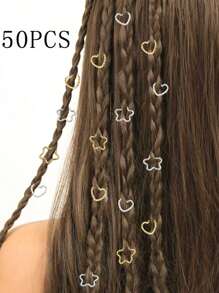 50 Stücke Kinder Bunte Metall Haarringen in Herz und Fünf-Stern-Form, Hip-Hop Punk Haaraccessoires, ideal für Zöpfe und Aktivitäten Outdoor
