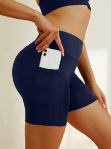Spandex Tummy Control Yoga Shorts With Pockets, High Waist Workout Shorts For Active Wear - Navy Blue - View 2