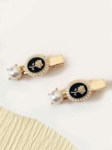 2入組女士玫瑰花合金珍珠精美髮夾邊夾短夾