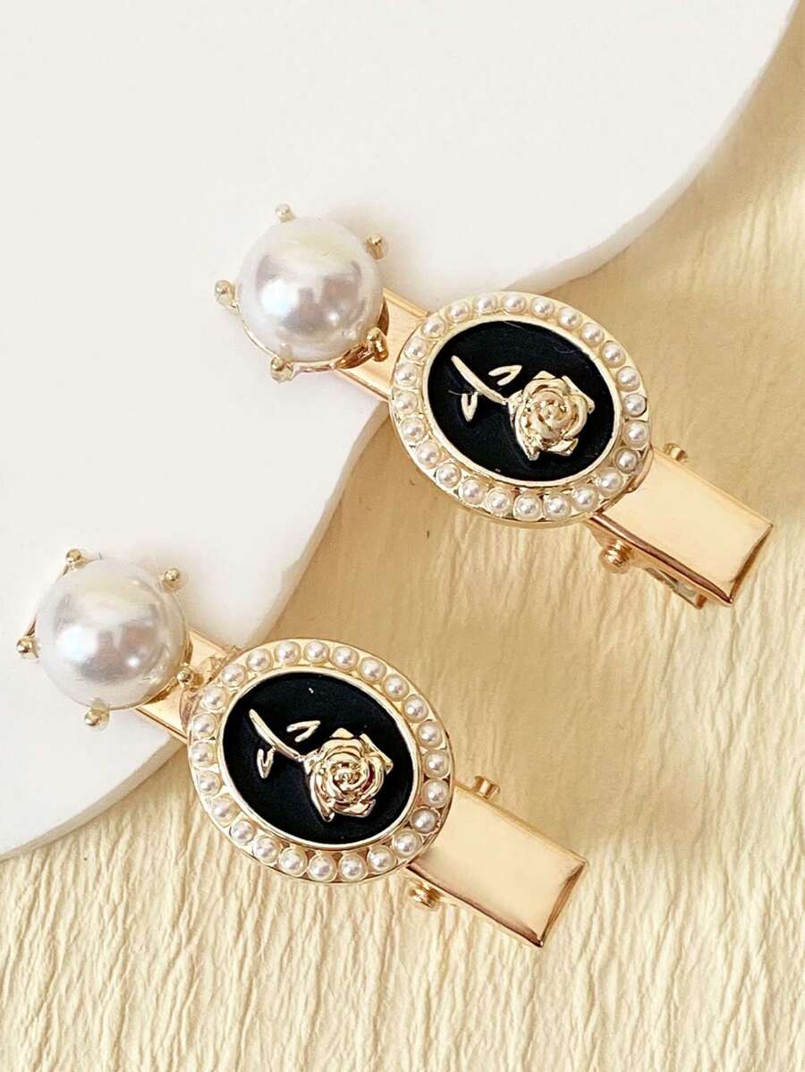 2入組女士玫瑰花合金珍珠精美髮夾邊夾短夾