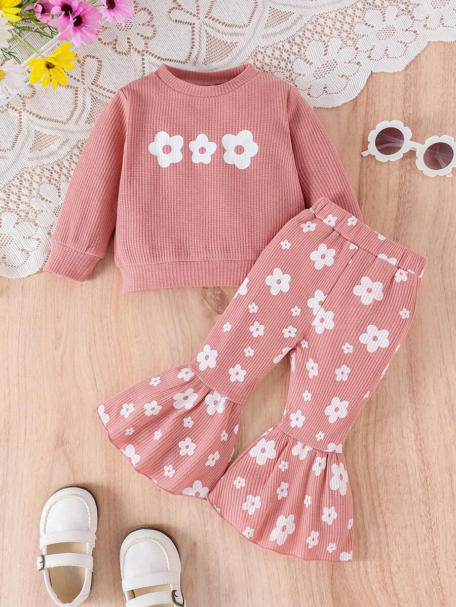 2pcs/Set Baby/Baby Girl Cute Printed Long Sleeve Sweatshirt + Flare Pants Outfit, Light Weight For Spring/Autumn - Pink - View 1