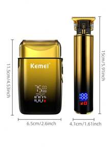 KEMEI 二合一多功能套裝理髮師，電動剃刀，快速剃鬚，三段調速，LCD LCD顯示屏，USB充電，充滿電，強大，必備理髮店套裝，適用於家庭、髮廊、辦公室、商務、旅行、節日禮物 - 金色 - 查看 2