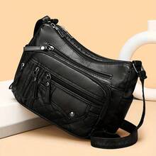 Fashion Multi Zipper Crossbody Bag, Soft Vegan Leather Shoulder Bag, Women's Multi Pockets Handbag Purse - 黑色 - 查看 8