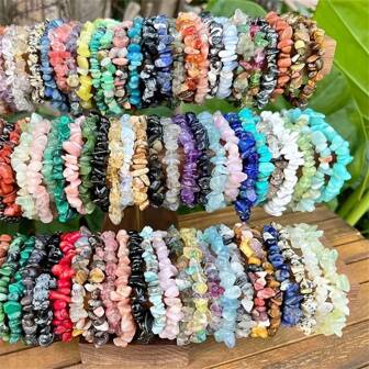 1/5/10/20/50/100pcs Multi-Color Natural Stone Crystal Gemstone Bracelets, Amethyst, Tiger Eye, Obsidian And Other Natural Crystal Gemstone Elastic Bracelets, Chakra Stones, Yoga Meditation Energy Bracelets, Holiday Party Gemstone Gifts