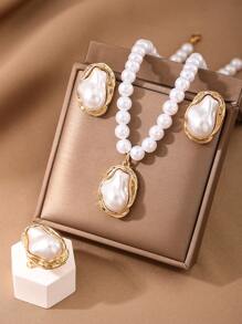 3pcs/Set Asymmetrical Faux Pearl And Metal Chain Jewelry Set With Gold Edge, For Women, Vintage, European And American Style, Including Necklace, Earrings, And Ring - Gold Two Piece Suit - View 14