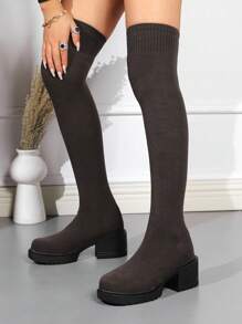 2024 Autumn & Winter New Thick-Soled Women's Knee-High Boots, Stretchy And Skinny, Chunky Heels Fashionable And Simple - Brown - View 4