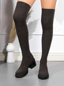 2024 Autumn & Winter New Thick-Soled Women's Knee-High Boots, Stretchy And Skinny, Chunky Heels Fashionable And Simple - Brown - View 3