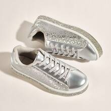 Zapatillas deportivas de tenis con brillo para mujer, zapatillas brillantes para ocasiones neon, con pedrería, estampado de leopardo y lentejuelas brillantes - Plateado - Ver 4
