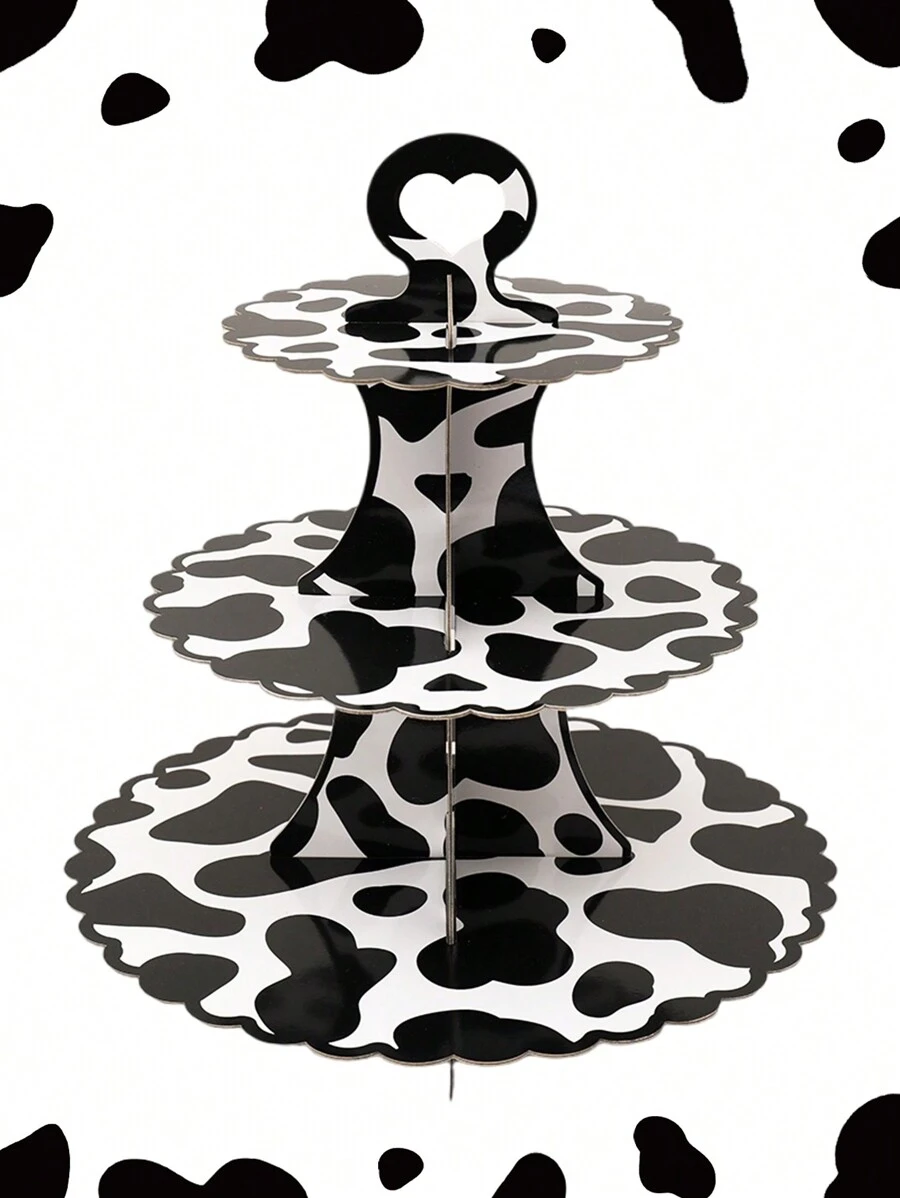 1 pieza Soporte para cupcakes de 3 niveles con estampado de vaca, decoración para fiesta de cumpleaños, bandeja para pasteles, soporte de cartón para cupcakes, torre de cupcakes, adecuado para suministros de fiesta con tema salvaje