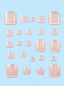 Upgrade Your Look With 24Pcs Square French Simple Glitter Design Toe Nail Wraps, Full Coverage Toe Nail Art For Parties, Dances Or Daily Wear Press On Nails Nail Supplies Nails - Pink - View 3