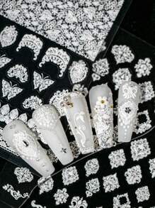 2片白色镂空蕾丝超薄巴洛克风格美甲贴纸，适合日常妆容、新娘妆、重要节日、个人或美甲师使用，美甲贴纸，适合个人DIY、美甲师和女孩使用。 - 白色 - 查看 7