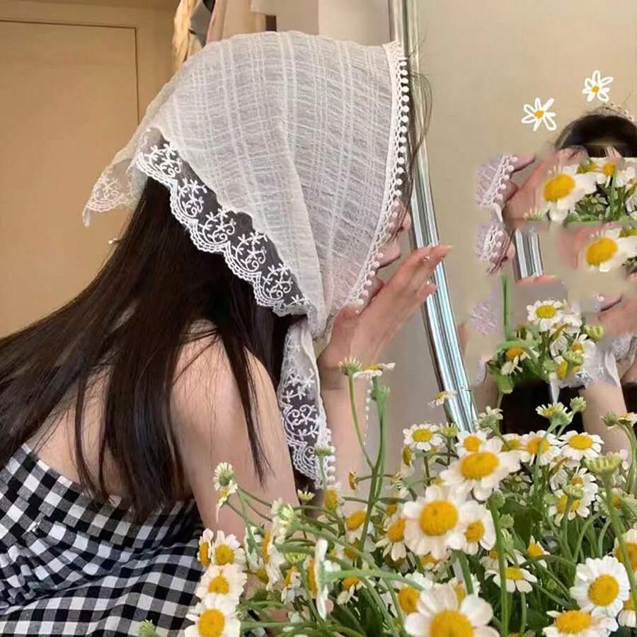 少女用白色蕾絲波西米亞頭帶，夏季，法式三角圍巾頭帶，髮飾 - 白色 - 查看 1