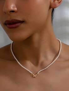 1pc New Style Fairy Rice Bead Sweet Little Butterfly Pendant French Country Style Glass Pearl Necklace - White - View 2