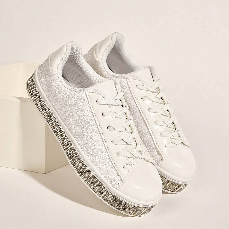 女款閃爍網球運動鞋霓虹亮眼閃亮運動鞋，鑲嵌鑽石婚禮新娘鞋，閃亮亮色鞋子 - 白色 - 查看 1