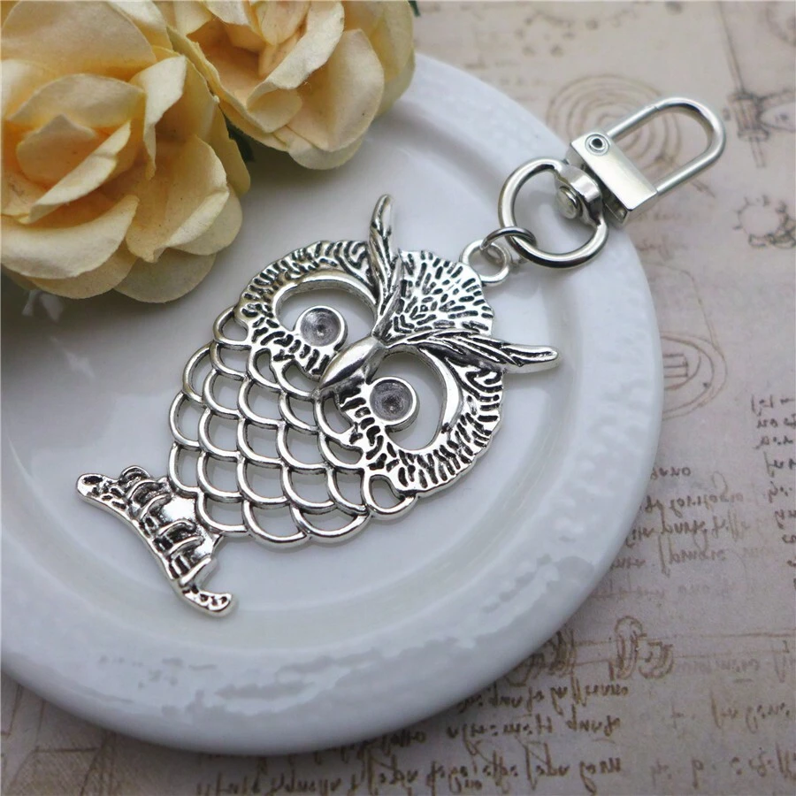 復古銀色空心貓頭鷹吊墜彈簧鑰匙扣鑰匙鍊，適用於包包、手機殼、耳機殼、35*90mm - 銀色 - 查看 1