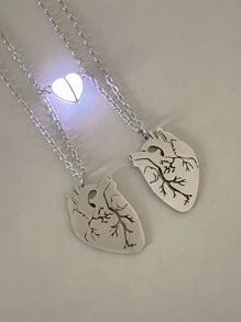 ATLVXJL 2 peças/conjunto casais retro coração amor brilha no escuro aço inoxidável corrente charme colar para casal estudante melhor amigo ou presente de dia dos namorados namorados