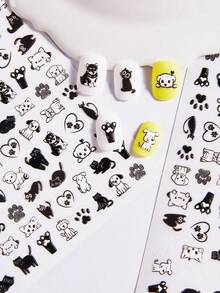 1片黑白動物圖案指甲藝術貼紙，5D浮凸簡單線條風格貓狗圖案少女手指甲藝術DIY裝飾貼紙 - 彩色 - 查看 2