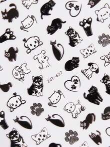 1片黑白動物圖案指甲藝術貼紙，5D浮凸簡單線條風格貓狗圖案少女手指甲藝術DIY裝飾貼紙 - 彩色 - 查看 4